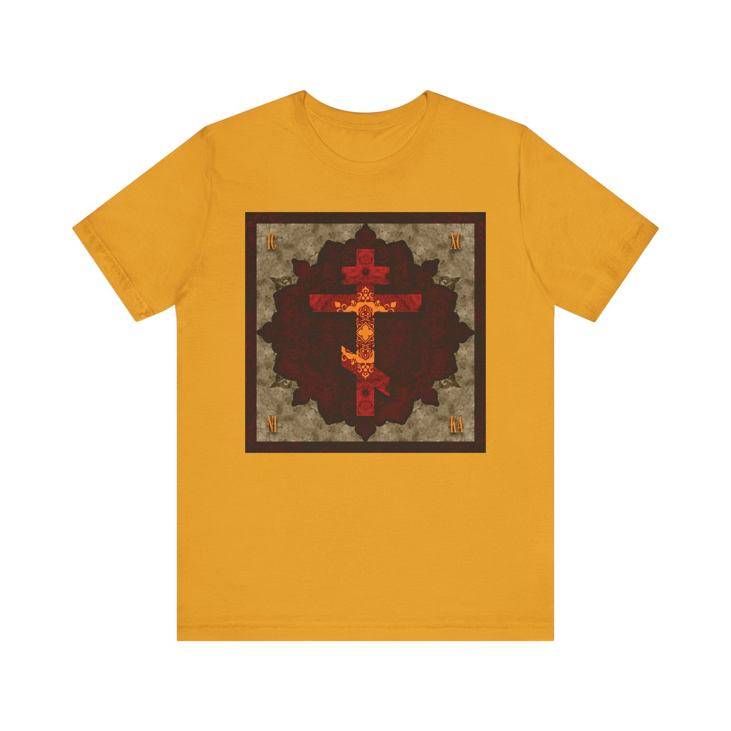 Mustard ICXC NIKA Artistic Textured Red & Gold Russian Cross Orthodox Christian Lightweight Cotton Unisex T-Shirt, featuring a square graphic with a stylized red cross on a textured, dark background—an homage to Christian virtues like humility, inspired by the life and legacy of St. John of Shanghai and San Francisco.