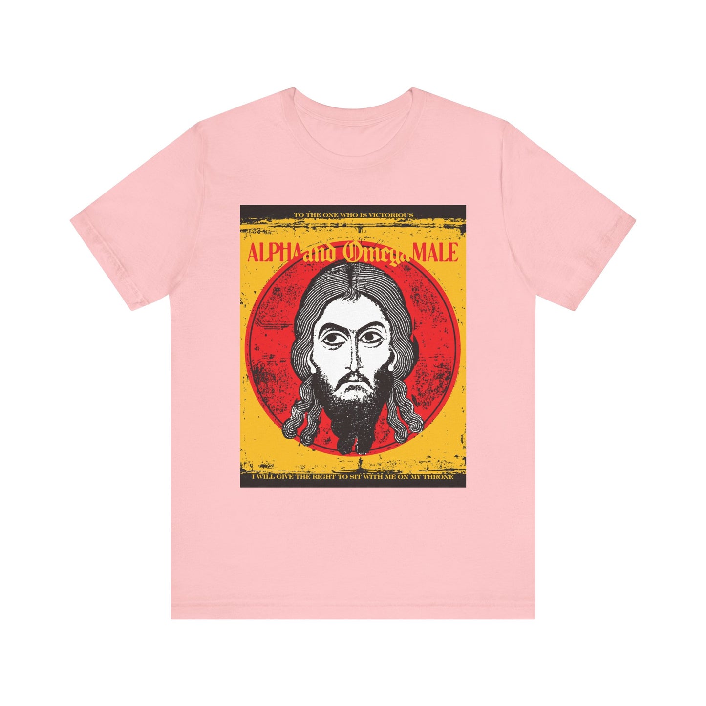 Pink "Alpha & Omega Male" unisex tee with Jesus Christ Image of Edessa Ikonographic art and "To the One Who Is Victorious" text, inspired by resurrection themes. Lightweight cotton. Orthodox Christian design.