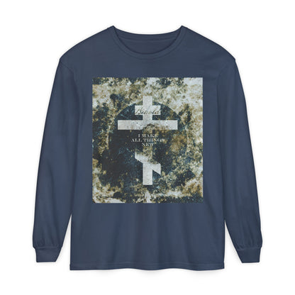 Behold, I Make All Things New | Revelation 21:5 | Cosmic Textured Orthodox Cross | Parousia | Orthodox Christian Long Sleeve Shirt