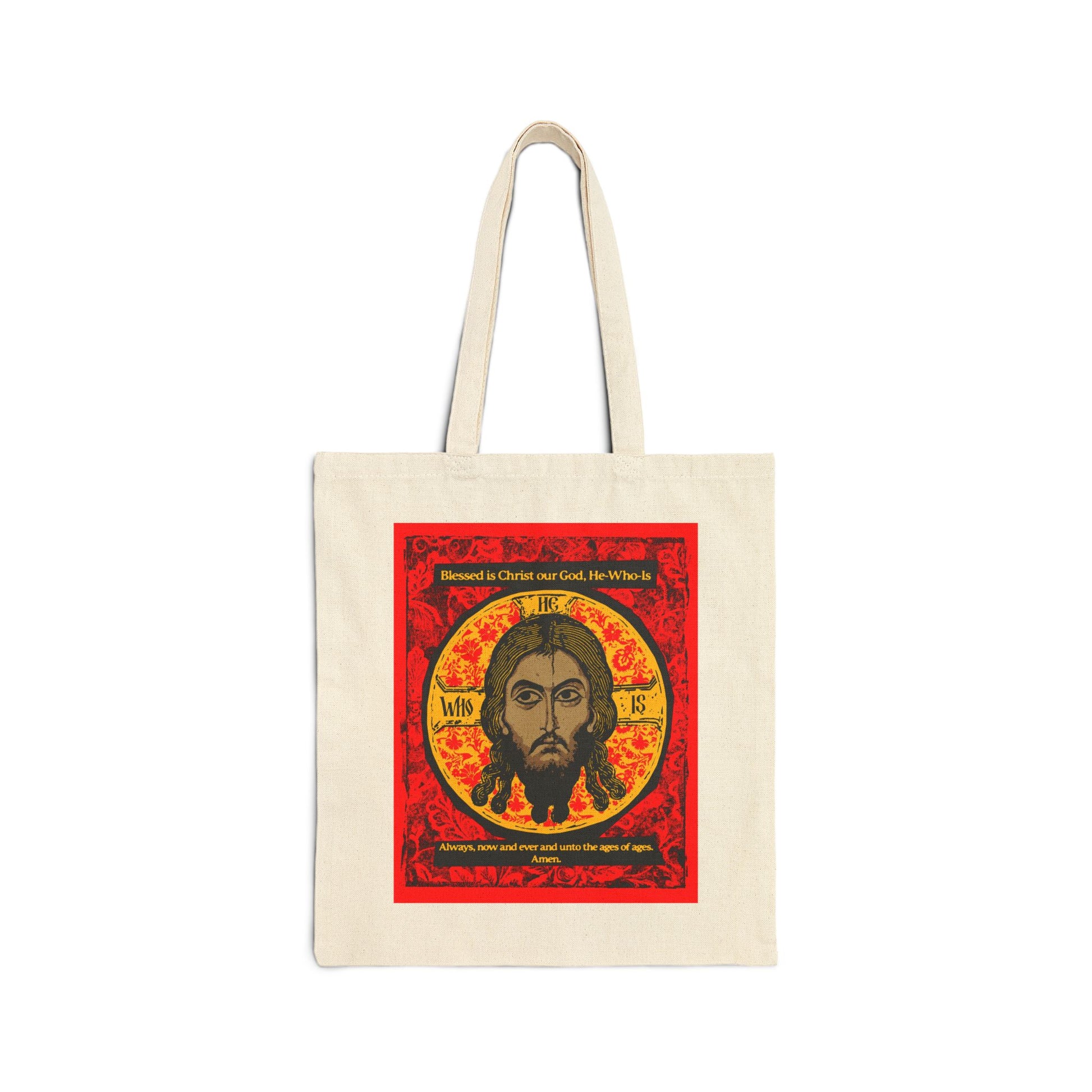 The "Made Without Hands (Mandylion)" tote bag by Remembrance of Death features a red, black, and yellow Orthodox icon-style graphic of Christ’s face with halo and religious text, inspired by Troparion Tone 2.
