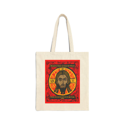 The "Made Without Hands (Mandylion)" tote bag by Remembrance of Death features a red, black, and yellow Orthodox icon-style graphic of Christ’s face with halo and religious text, inspired by Troparion Tone 2.
