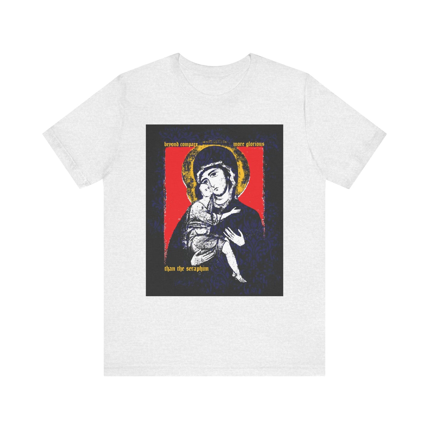 Ash t-shirt with Vladimir Theotokos icon, floral texture, Orthodox text, gold halo, red background. “Beyond Compare More Glorious Than the Seraphim” design on lightweight cotton.