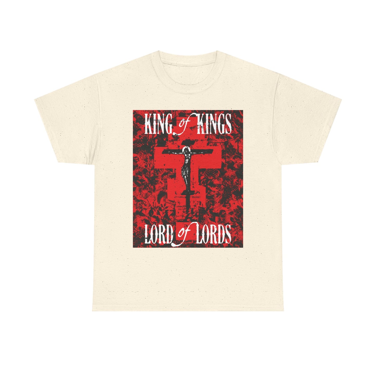 King of Kings, Lord of Lords | Christ Crucified Icono-Graphic | Red Cross Nature Texture w/ White Text | Midweight Cotton Unisex Tee