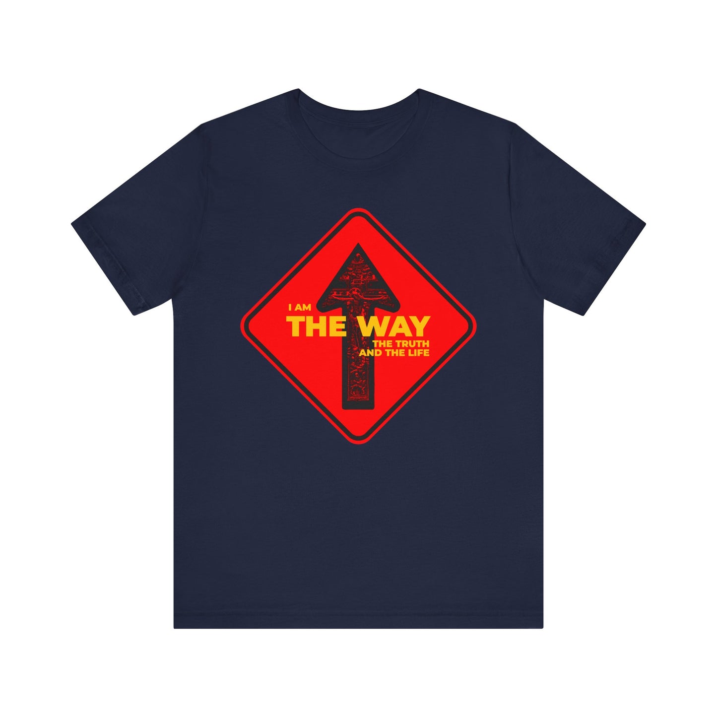 Navy unisex tee featuring a "One Way" street sign crucifix graphic and "I Am the Way, the Truth and the Life"—a perfect lightweight cotton shirt for Orthodox Christians to express their faith.