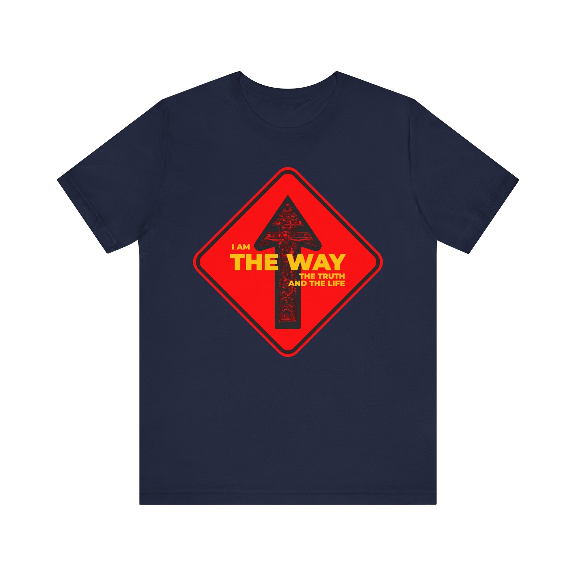 Navy unisex tee featuring a "One Way" street sign crucifix graphic and "I Am the Way, the Truth and the Life"—a perfect lightweight cotton shirt for Orthodox Christians to express their faith.