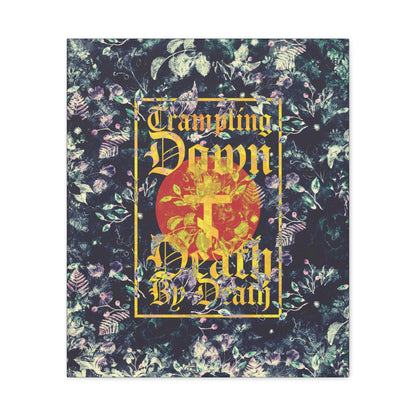 Trampling Down Death By Death | Paschal Floral Design with Gothic Script and Three-Bar Cross | Orthodox Christian Canvas Art