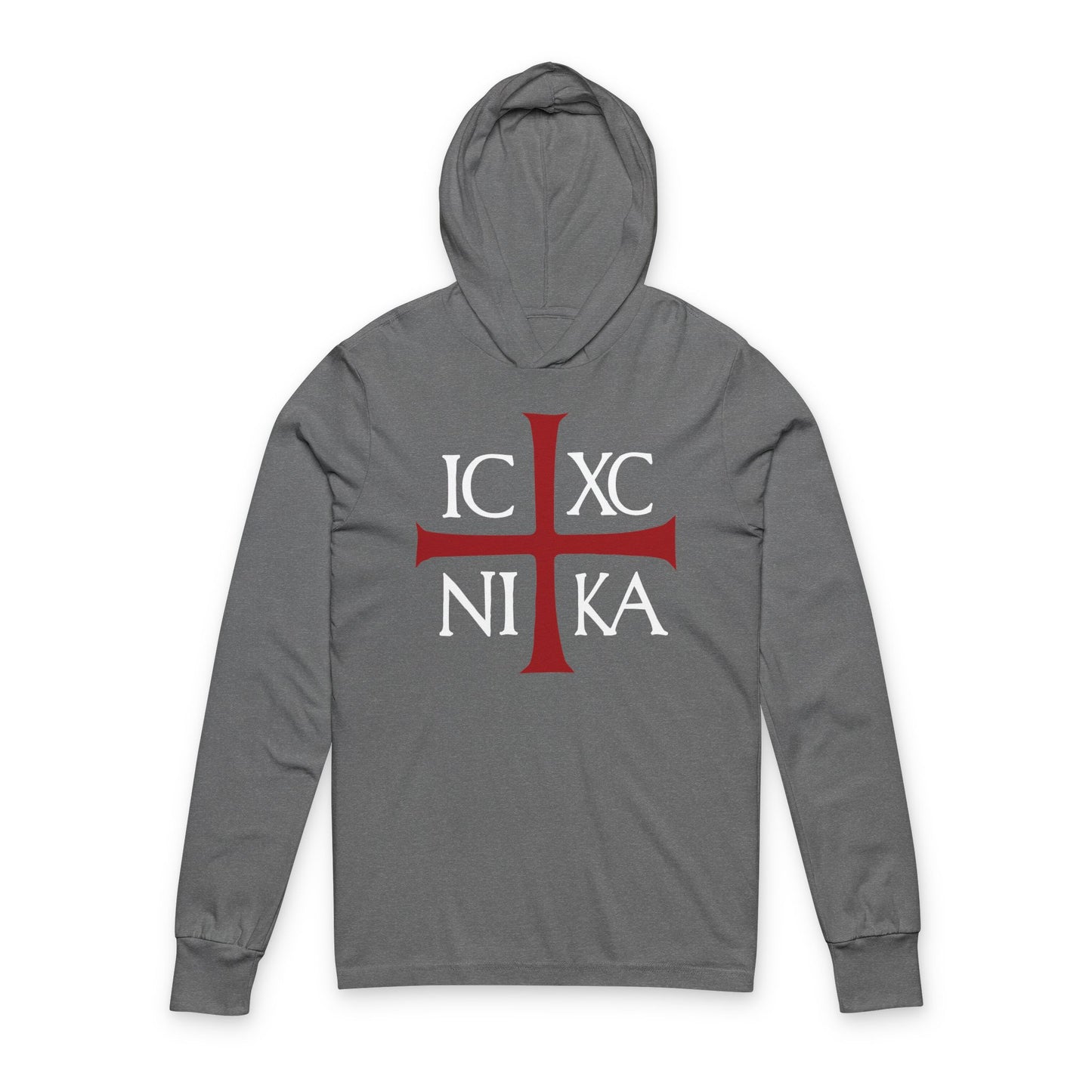 Grey TriBlend Orthodox hoodie featuring a red Byzantine cross and white ICXC NIKA Christogram, inspired by Romans 8:31-39—celebrating the enduring love of Christ.