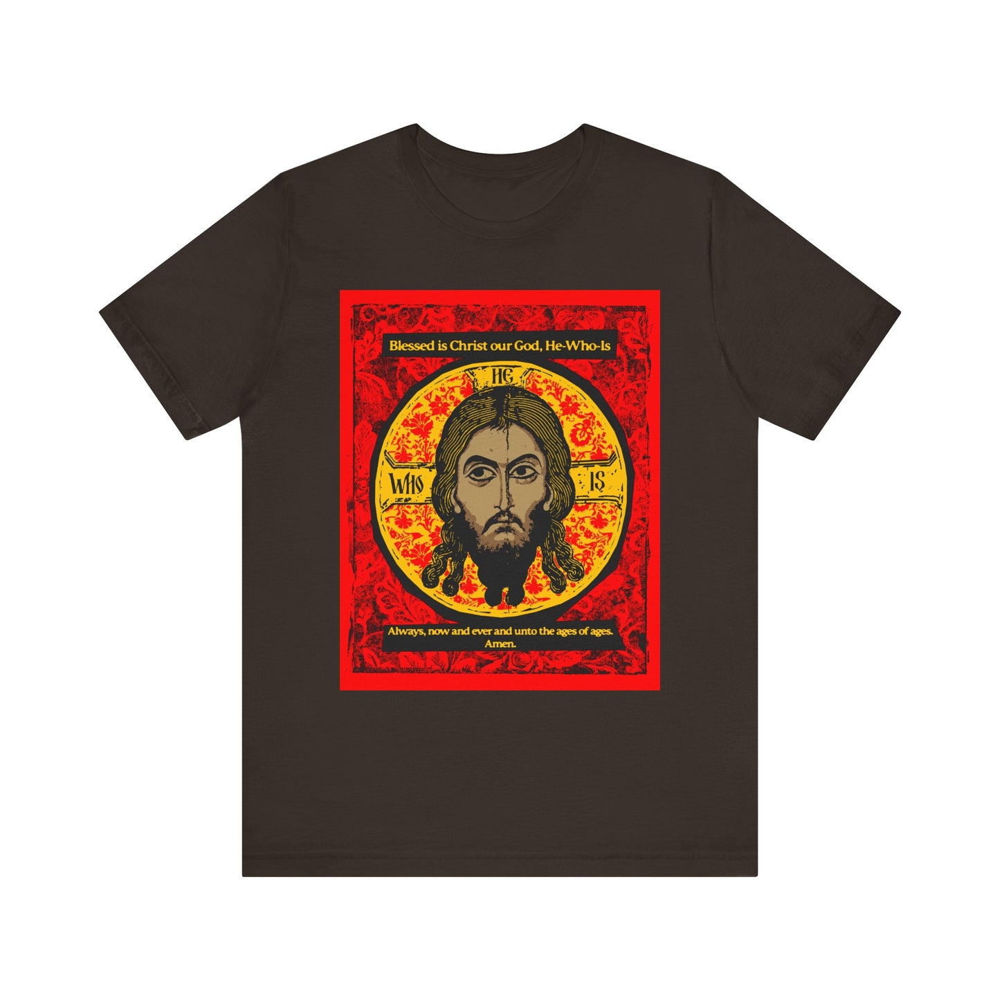 Brown “Made Without Hands” unisex cotton tee with a vibrant Orthodox icon-style image of Jesus Christ (Mandylion/Image of Edessa) graphic and religious text in gold and red accents.