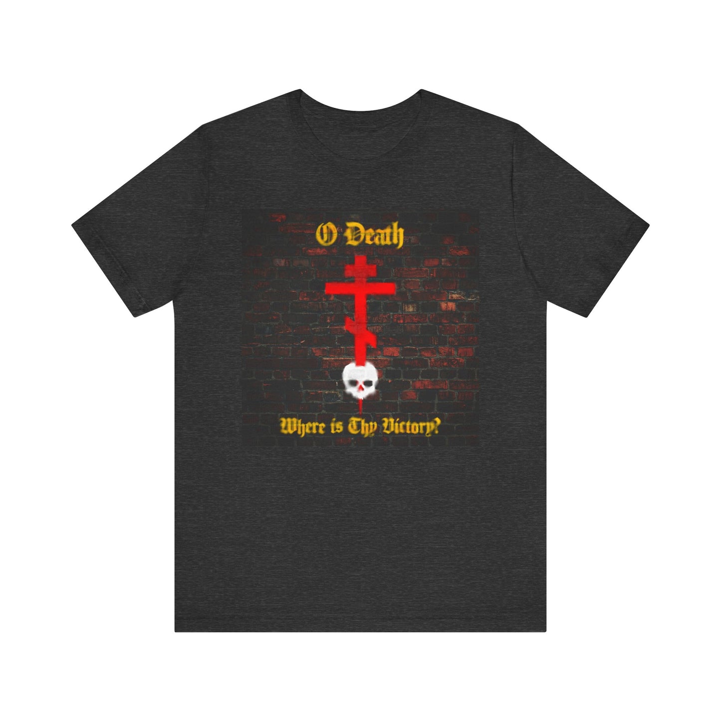 Dark Grey Heather unisex cotton t-shirt featuring a graffiti aesthetic: an Orthodox cross stabbing a white skull, with the text "O Death, Where is Thy Victory?" set against a brick wall background—a striking design inspired by St Cyril of Jerusalem, reflecting on the sting of death and the hope found in Baptism.