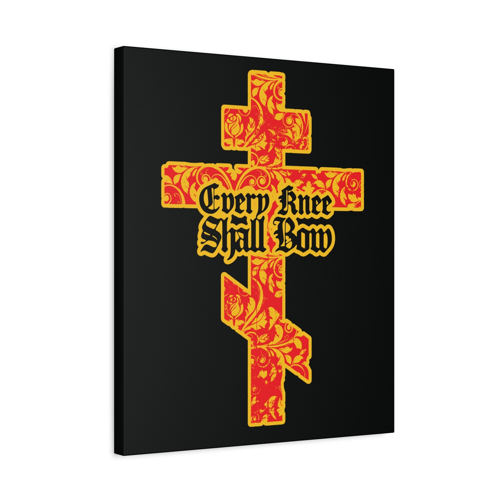 A gold and red floral Orthodox cross with "Every Knee Shall Bow" (Isaiah 45:22-24, Phil 2:7-11) in Gothic lettering; Christian wall art.