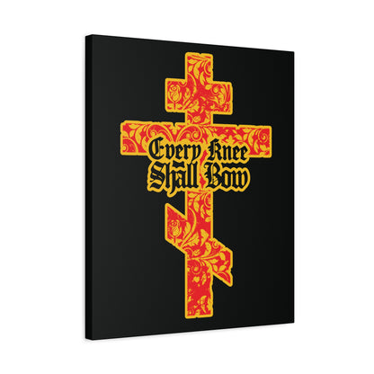 A gold and red floral Orthodox cross with "Every Knee Shall Bow" (Isaiah 45:22-24, Phil 2:7-11) in Gothic lettering; Christian wall art.