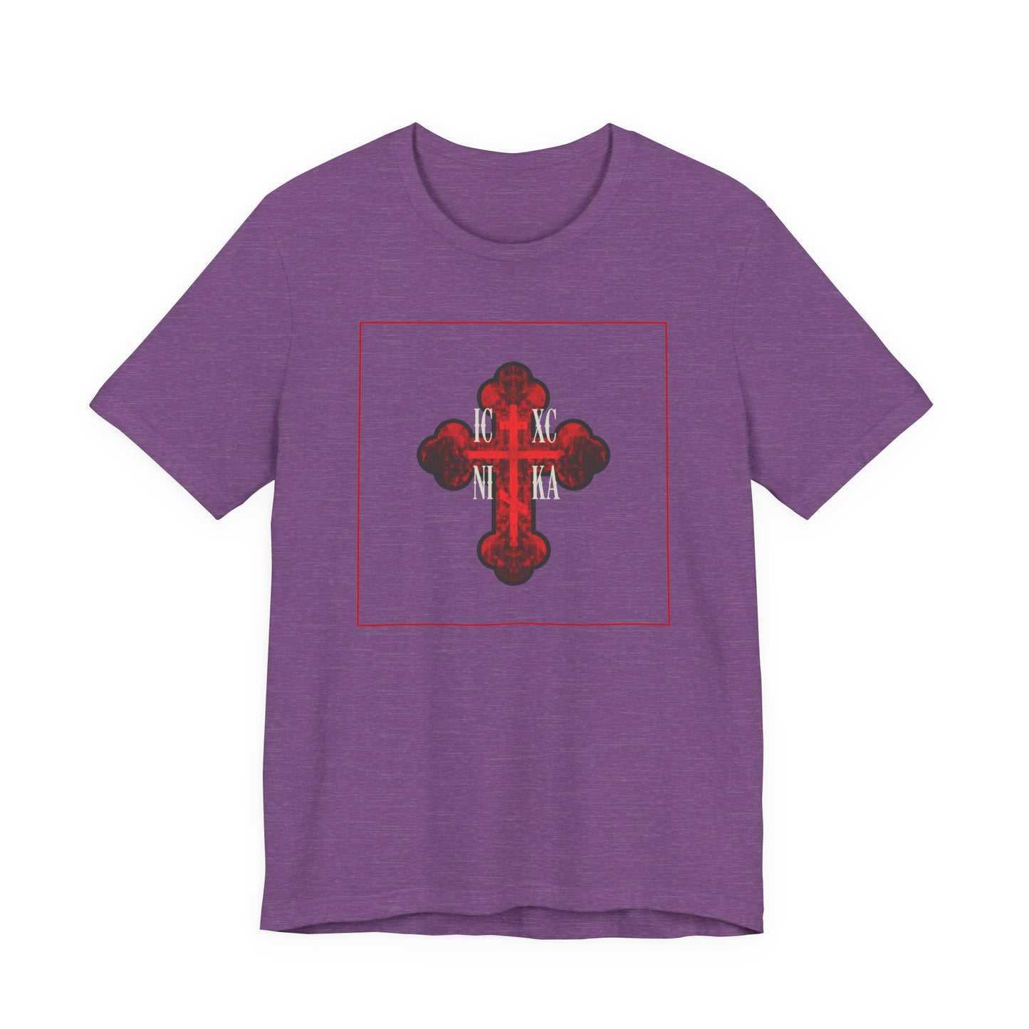 ICXC NIKA Red Glowing Ornate Textured Orthodox Cross | The Cross is the Symbol of Salvation | Christian Cotton Unisex Tee