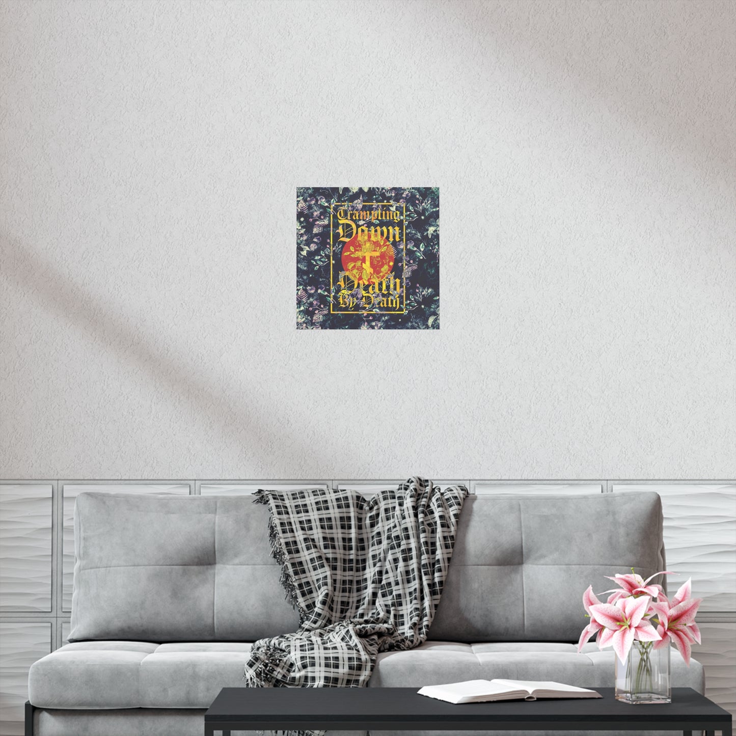 Trampling Down Death By Death | Paschal Floral Design with Gothic Script and Three-Bar Cross | Orthodox Christian Art Poster