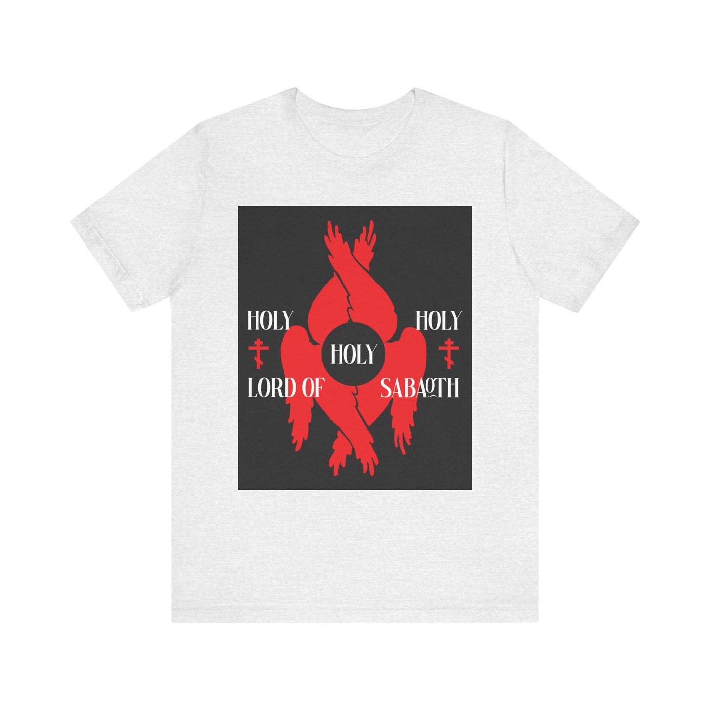 Ash t-shirt featuring red abstract seraphim wings, Orthodox crosses, and "Holy Holy Holy Lord of Sabaoth" text inspired by Isaiah 6:3 and the Divine Council. Lightweight cotton, unisex fit.