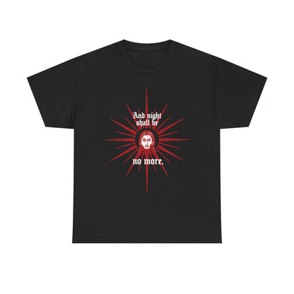 Black heavy cotton t-shirt featuring a red & white icono-graphic face of Jesus Christ and the text "And Night Shall Be No More" (Rev 22:5); Orthodox Christian design.