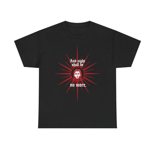 Black heavy cotton t-shirt featuring a red & white icono-graphic face of Jesus Christ and the text "And Night Shall Be No More" (Rev 22:5); Orthodox Christian design.