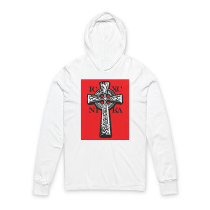 White hoodie featuring a black and white Celtic knotwork cross with "ICXC NIKA" text, set on a red background. Traditional Orthodox Christian design with "Jesus Christ Conquers" message.