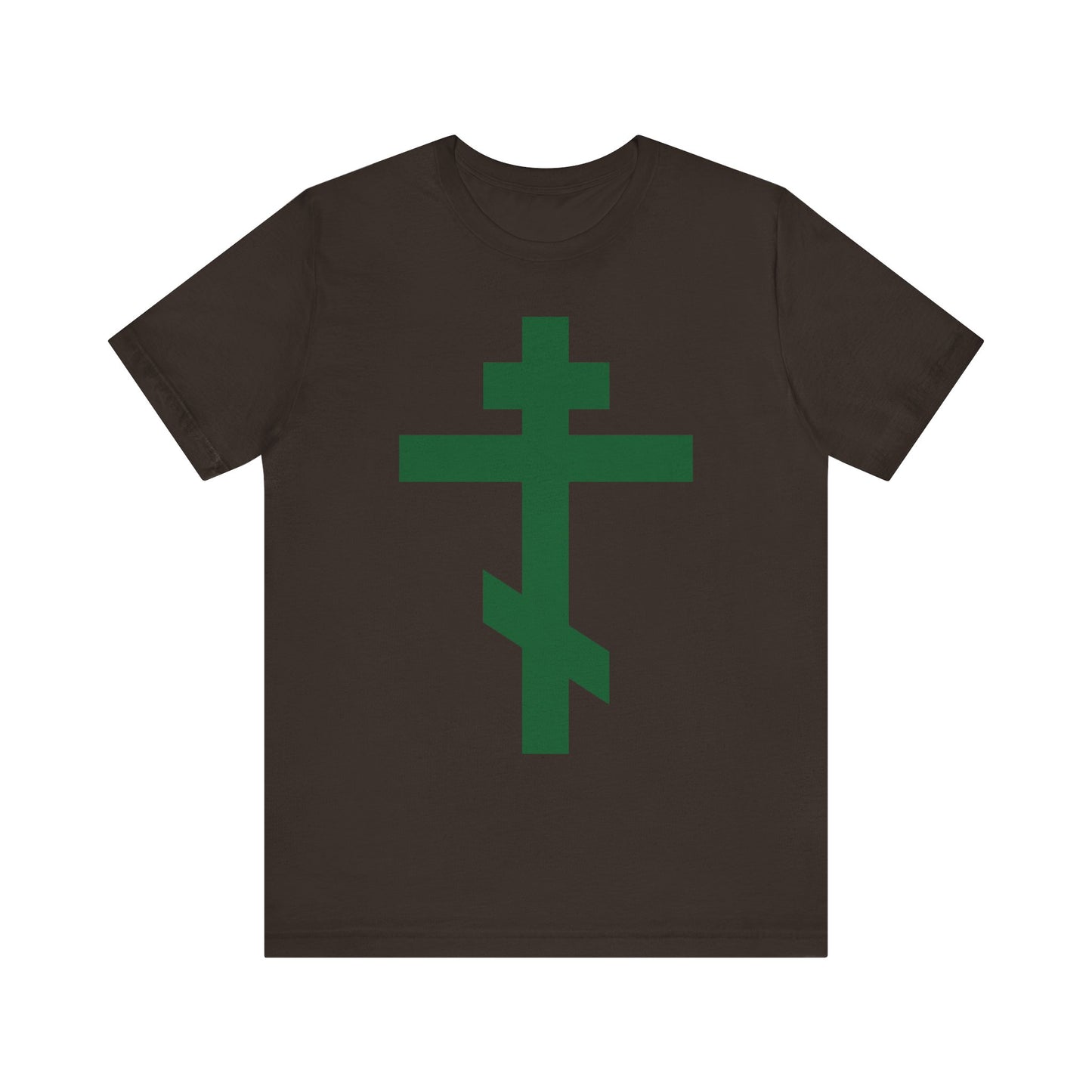 Brown t-shirt featuring a large green Orthodox tribar cross and "Preserve Thy People By Thy Cross, O Lord" design. Lightweight cotton unisex tee; Christ is King.