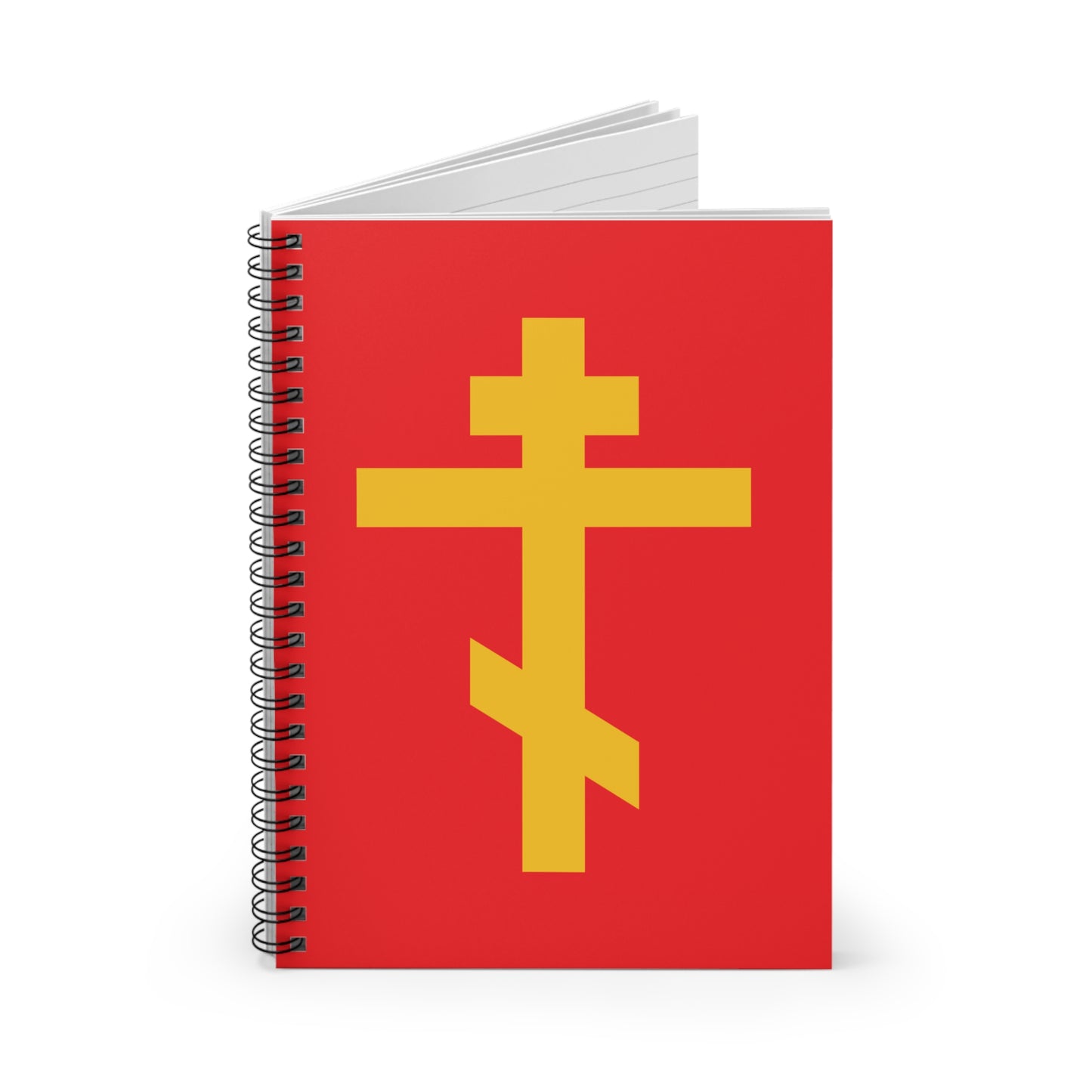 Red spiral notebook with a yellow Orthodox Cross design, titled “Precious and Life-Giving Weapon of Unseen Warfare | Scourge of Demons.” Orthodox Spiral Notebook.