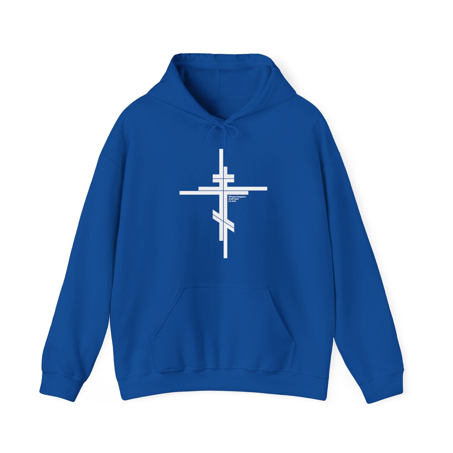 Royal hoodie featuring a large white Orthodox cross design and "Whose Kingdom Shall Have No End" from Luke 1:32-33 in a modern minimalist style. Orthodox Christian hoodie.