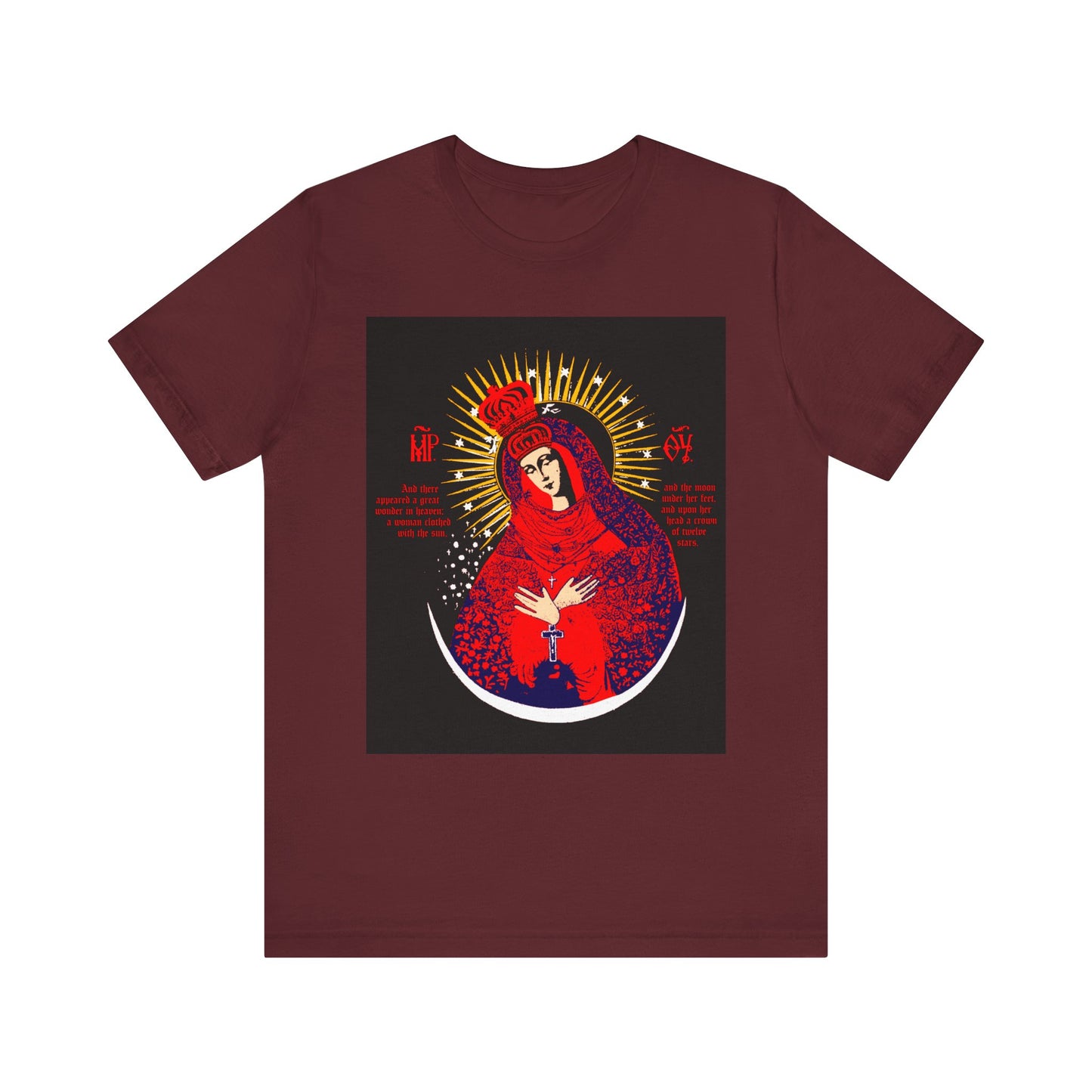 Maroon lightweight cotton unisex t-shirt featuring the "Our Lady the Gate of Dawn Icono-Graphic" design, inspired by the crowned Theotokos and Woman of the Apocalypse, celebrating Lithuanian Orthodoxy.