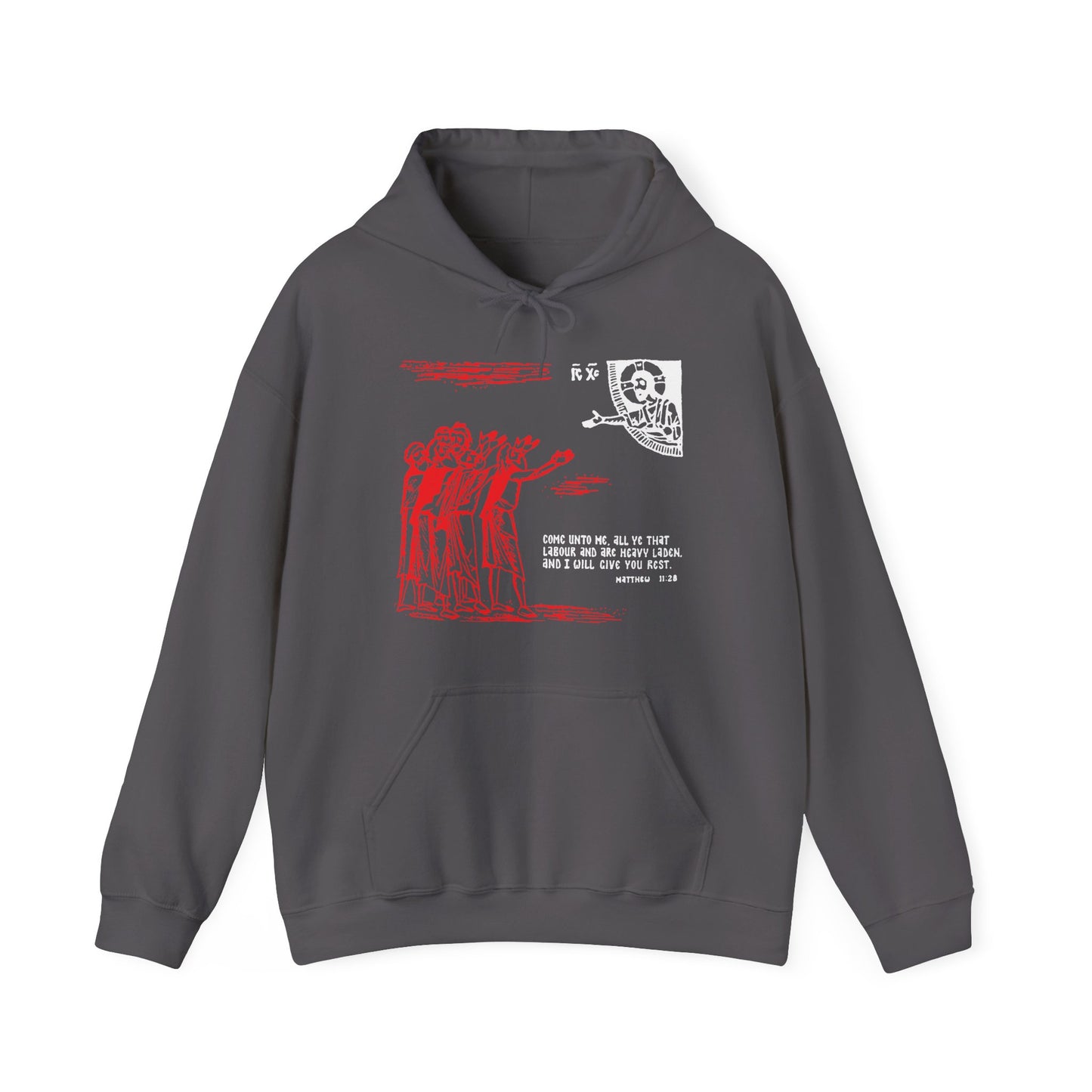 Charcoal hoodie featuring red outlined figures, Asian characters, and a front quote from Matthew 11:28—"Come Unto Me All Ye That Labour & Are Heavy Laden"—with an icono-graphic Orthodox design highlighting the Holy Spirit and divine connection.