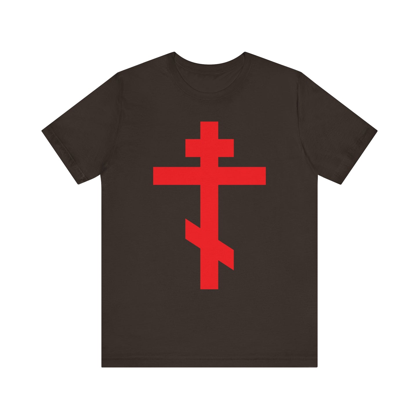 Brown lightweight cotton unisex t-shirt featuring a bright red Orthodox Cross design on the front, inspired by "Preserve Thy People By Thy Cross, O Lord" and "Crucified With Christ.