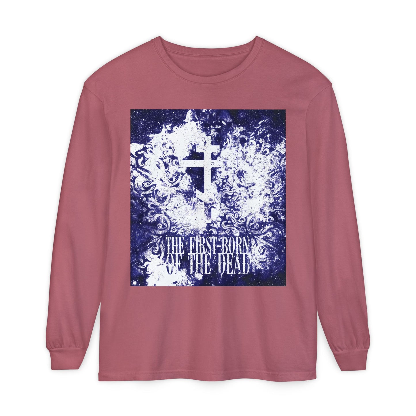 Crimson long-sleeve cotton shirt featuring a glowing white & blue textured cosmic Orthodox cross with “The First-Born of the Dead” text, symbolizing resurrection and apocalypse.
