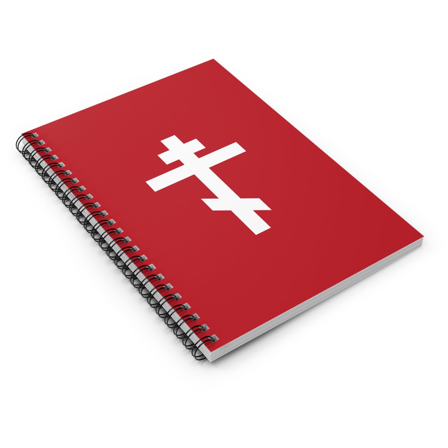 White Orthodox Cross Red Background | May it never be that I would boast except in the cross of our Lord | Christian Spiral Notebook