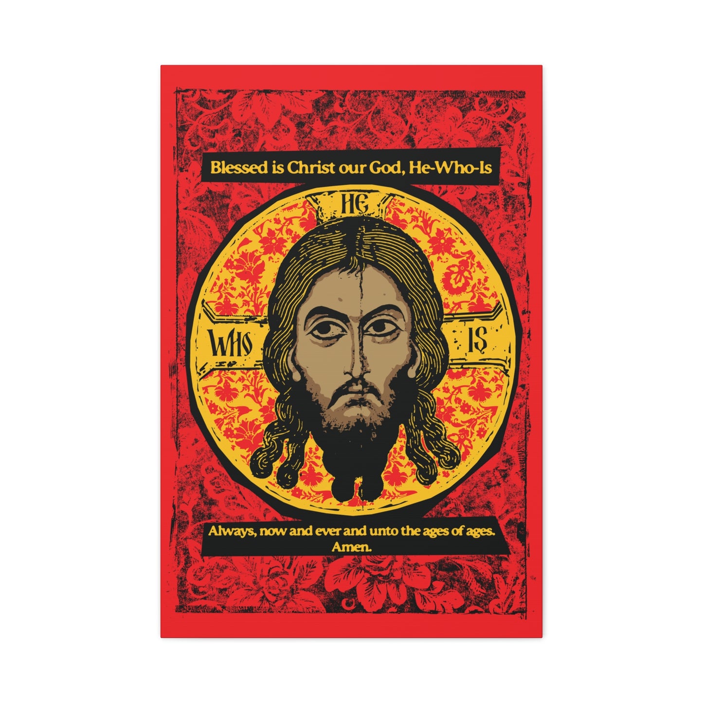 Made Without Hands (Mandylion) by Remembrance of Death: A striking graphic of Christ’s face on a gold, red, and black background with Orthodox hymn text, perfect as Christian canvas wall art.