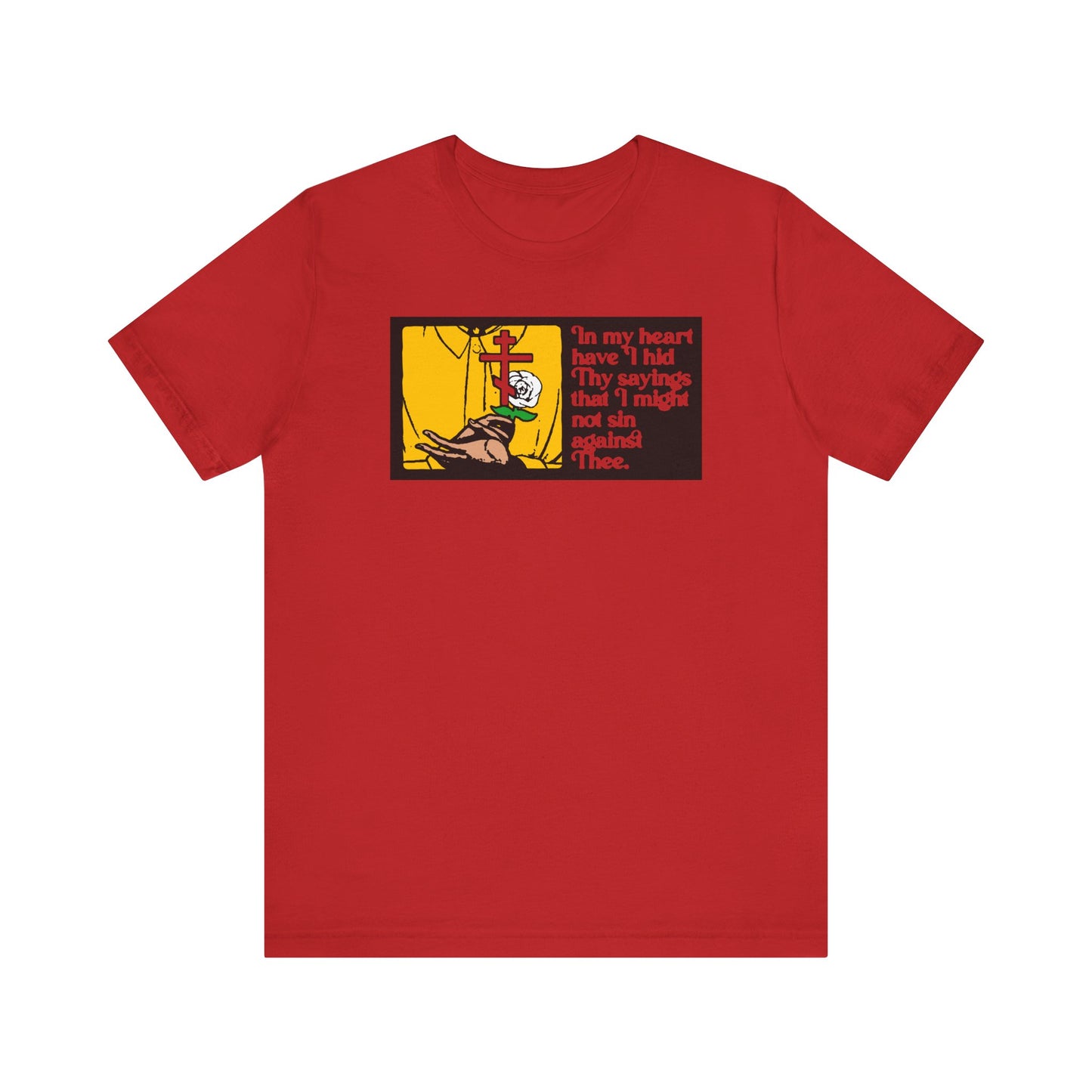 Red "In My Heart Have I Hid Thy Sayings (Psalm 117/118) 1" Orthodox Christian lightweight cotton unisex t-shirt featuring an illustration and the text: "In my heart have I hid Thy sayings that I might not sin against Thee," inspired by Psalm 118 and the law of the Lord.