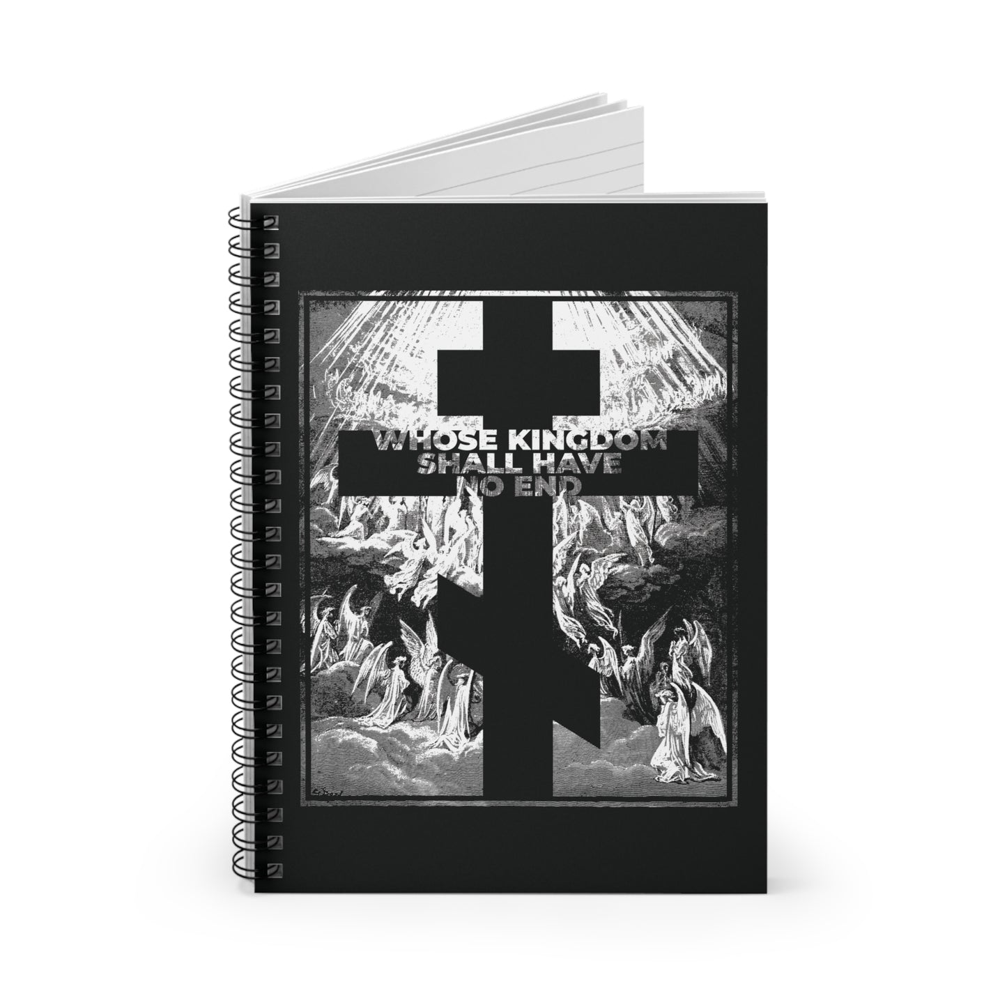 The "Whose Kingdom Shall Have No End" Orthodox spiral notebook, inspired by the Nicene Creed and Gustave Dore etching, features a cross with angels on a black cover and the phrase "Whose Kingdom Shall Have No End.