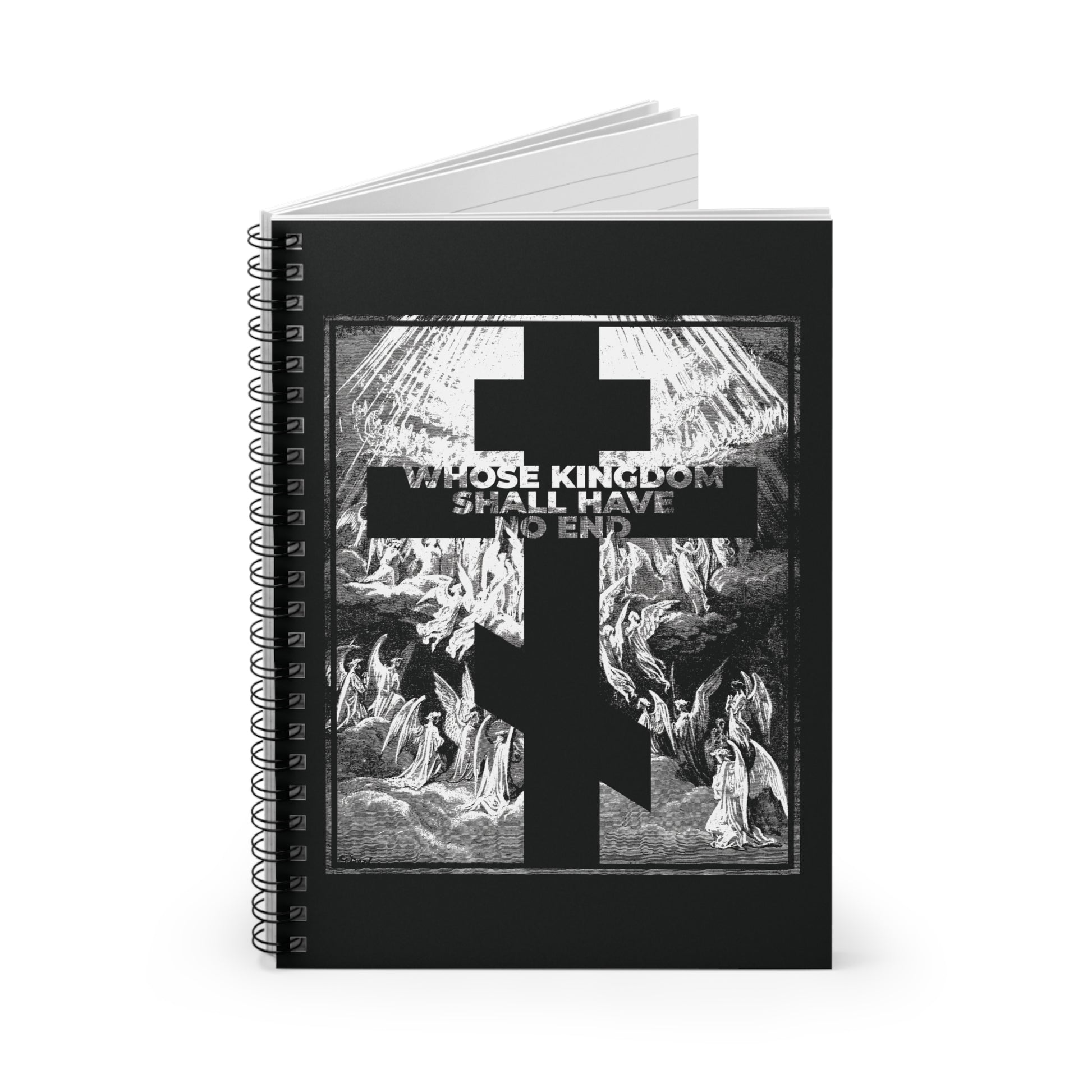The "Whose Kingdom Shall Have No End" Orthodox spiral notebook, inspired by the Nicene Creed and Gustave Dore etching, features a cross with angels on a black cover and the phrase "Whose Kingdom Shall Have No End.