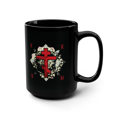 Black mug featuring a textured red Orthodox cross with medieval floral background, inspired by St John of Kronstadt. ICXC NIKA means "Jesus Christ Conquers." Perfect for Orthodox Christians.