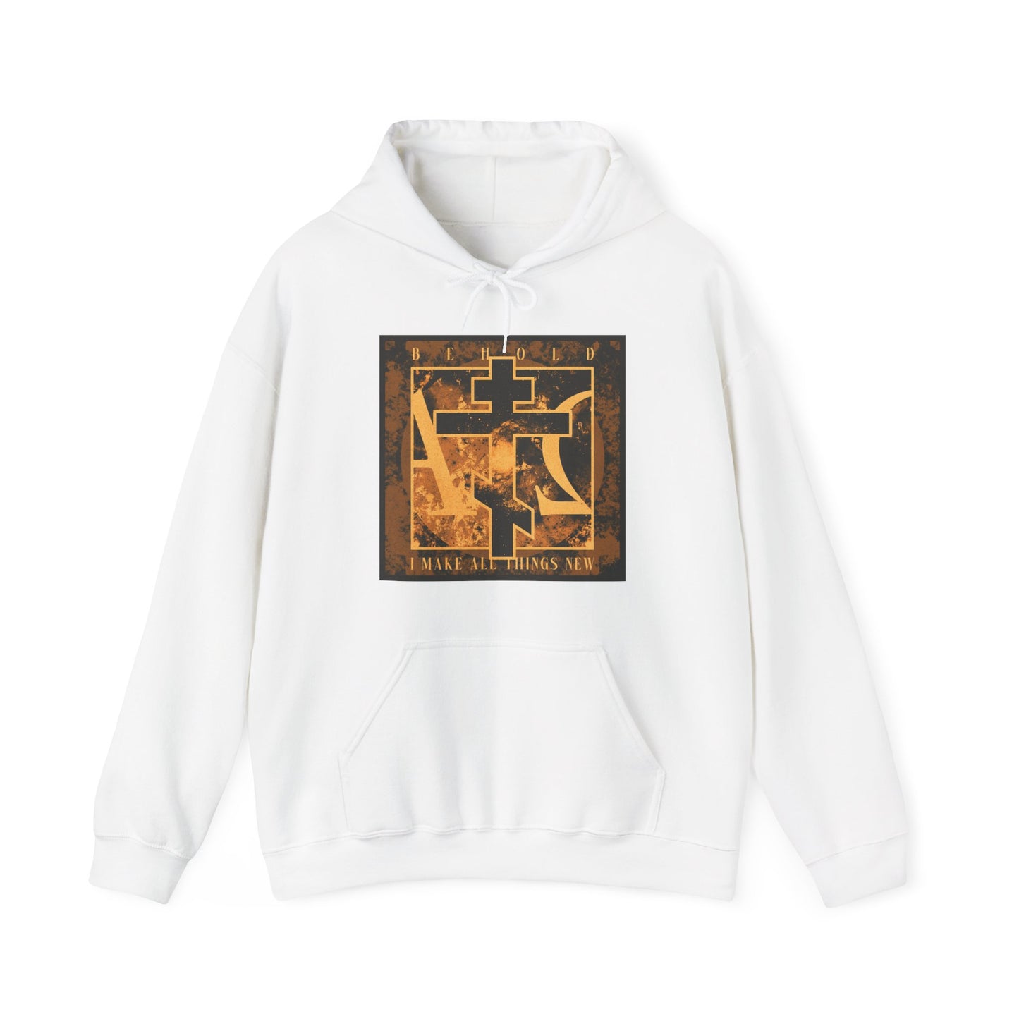 White hoodie with brown & orange Orthodox cross, Alpha & Omega background, and “I MAKE ALL THINGS NEW” (Rev 21:5) on the front—Orthodox Christian design inspired by the promise of renewal.