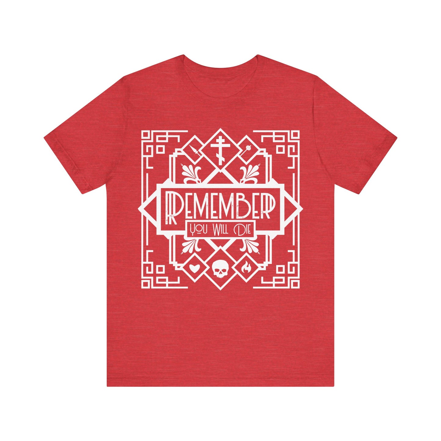 Heather red cotton unisex tee featuring a black and white "Remember You Will Die" art deco design with skull, heart, and fire elements. Inspired by Orthodox Christian memento mori themes.