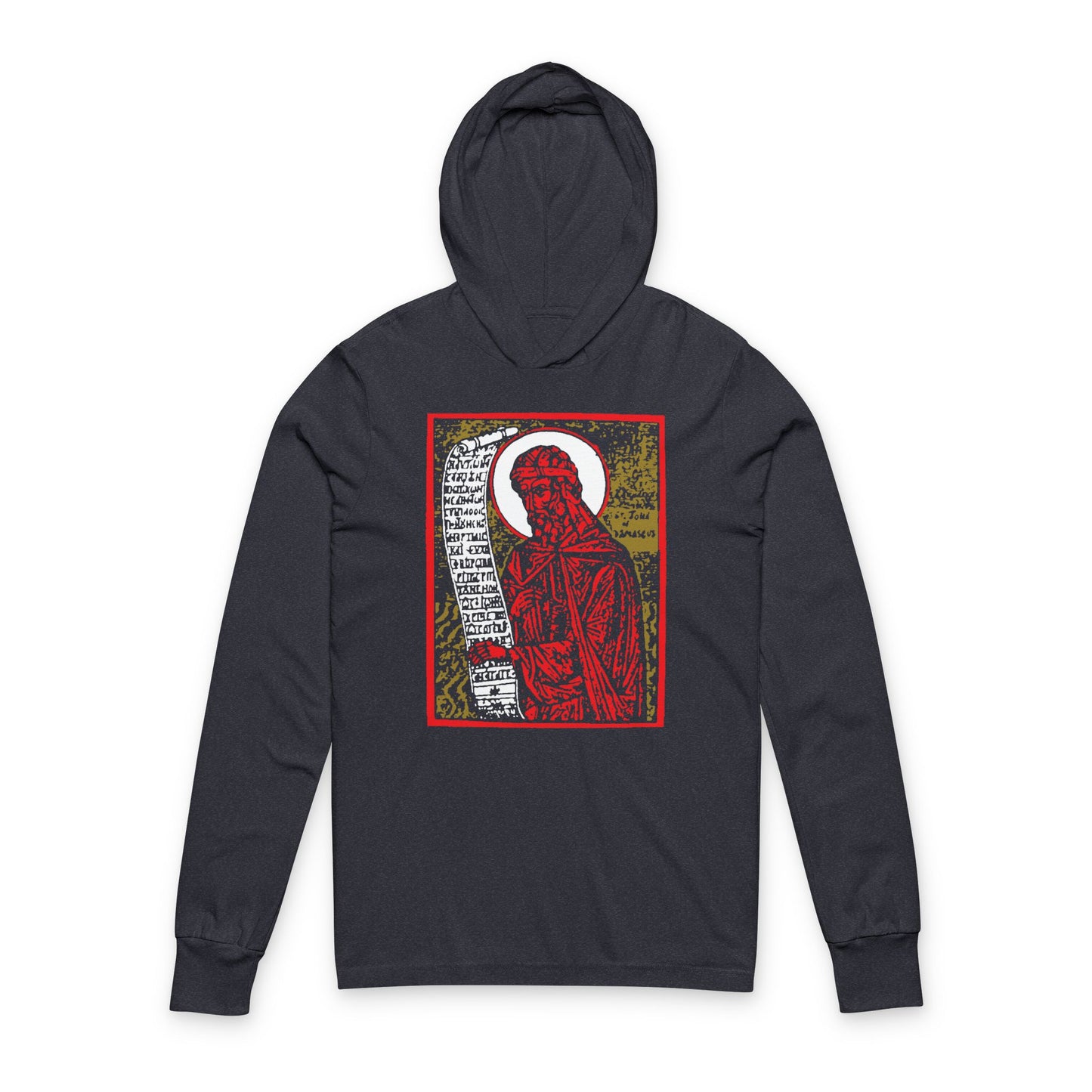Heather navy long sleeve hooded shirt featuring a high-contrast red and gold Orthodox icon inspired by St. John of Damascus, with stylized religious art and scroll motif on the front.