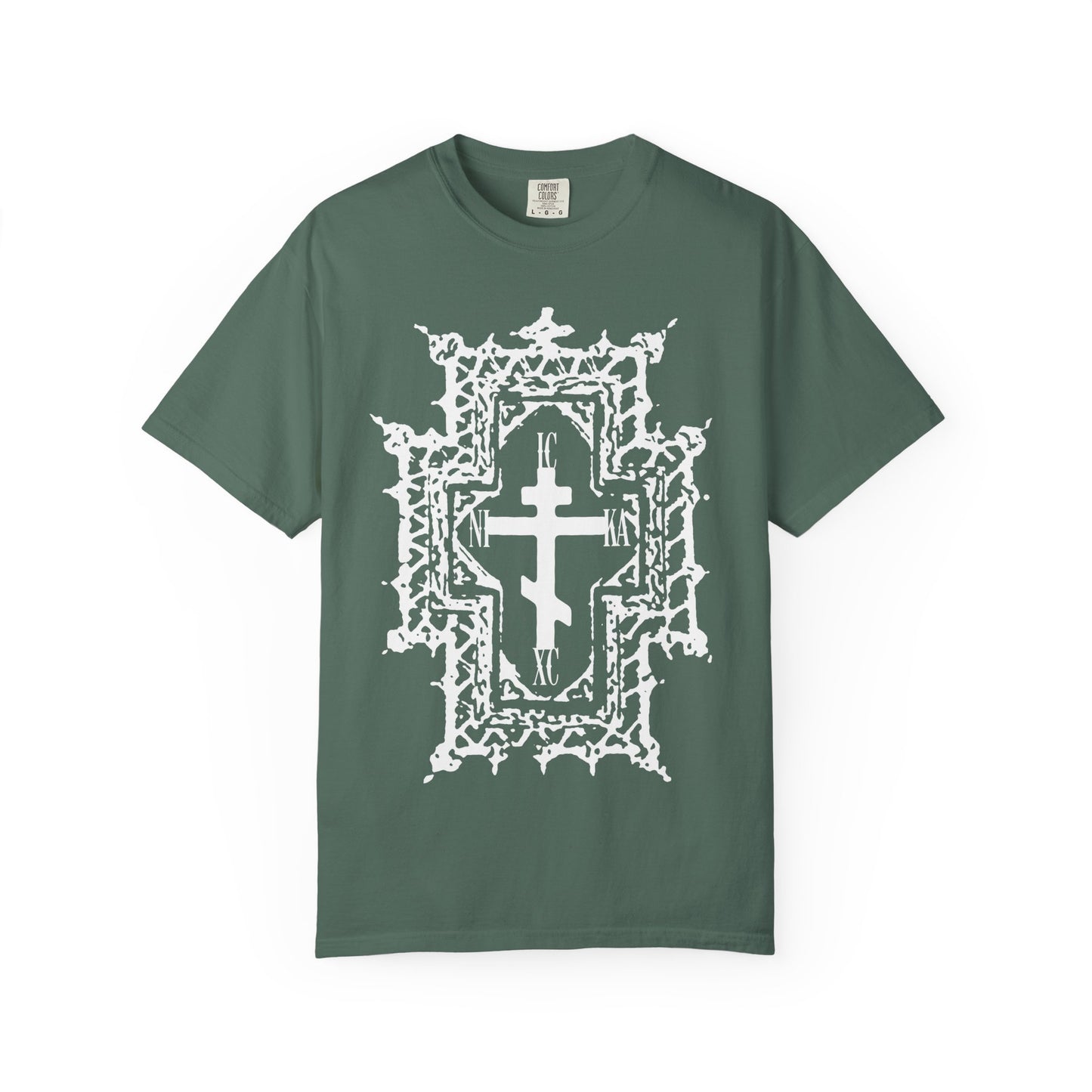 Blue Spruce “ICXC NIKA | Jesus Christ Conquers” Heavyweight Cotton Unisex Tee featuring a large white Gothic Cathedral Style Orthodox Cross on the front, symbolizing the crown of thorns and reflecting Jesus’ sufferings—Healed By His Wounds.