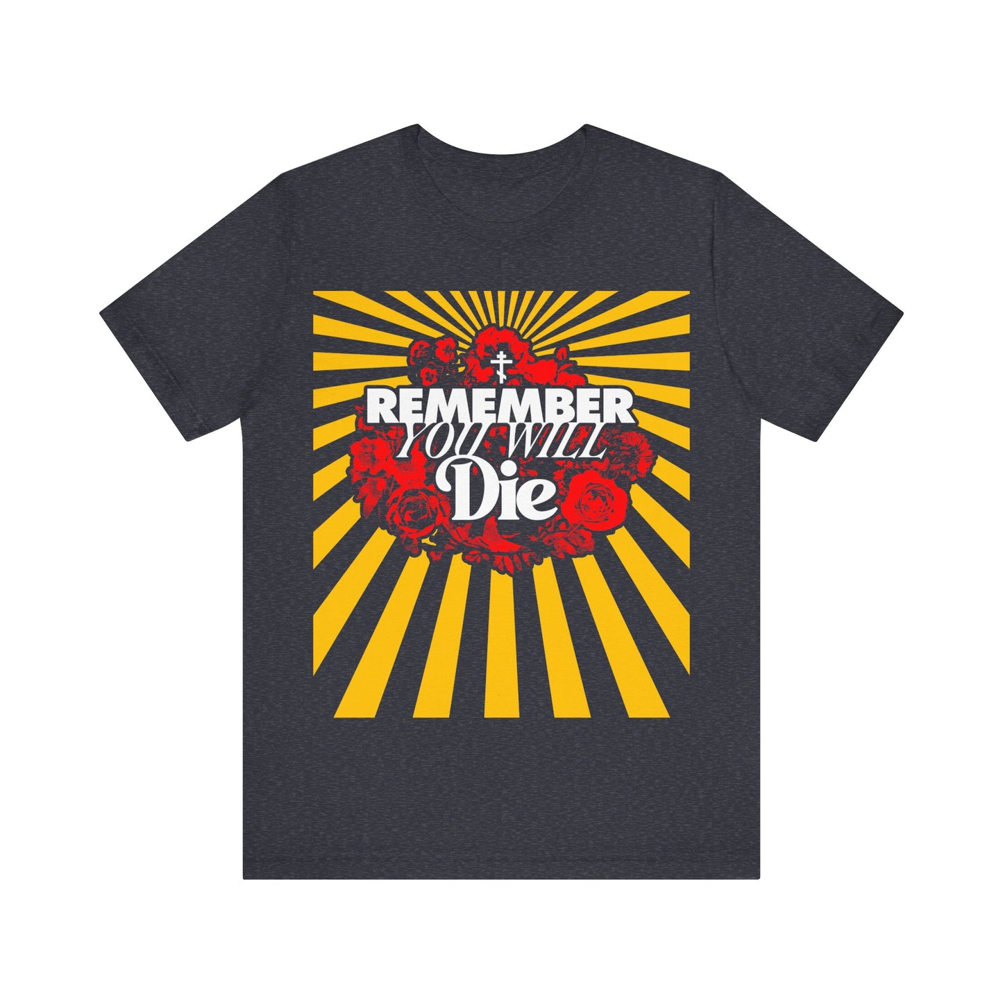 Remember You Will Die Red & Yellow Pop Art Design | Orthodox Cross | Memento Mori | Roses & Rays | Christian Lightweight Cotton Unisex Tee