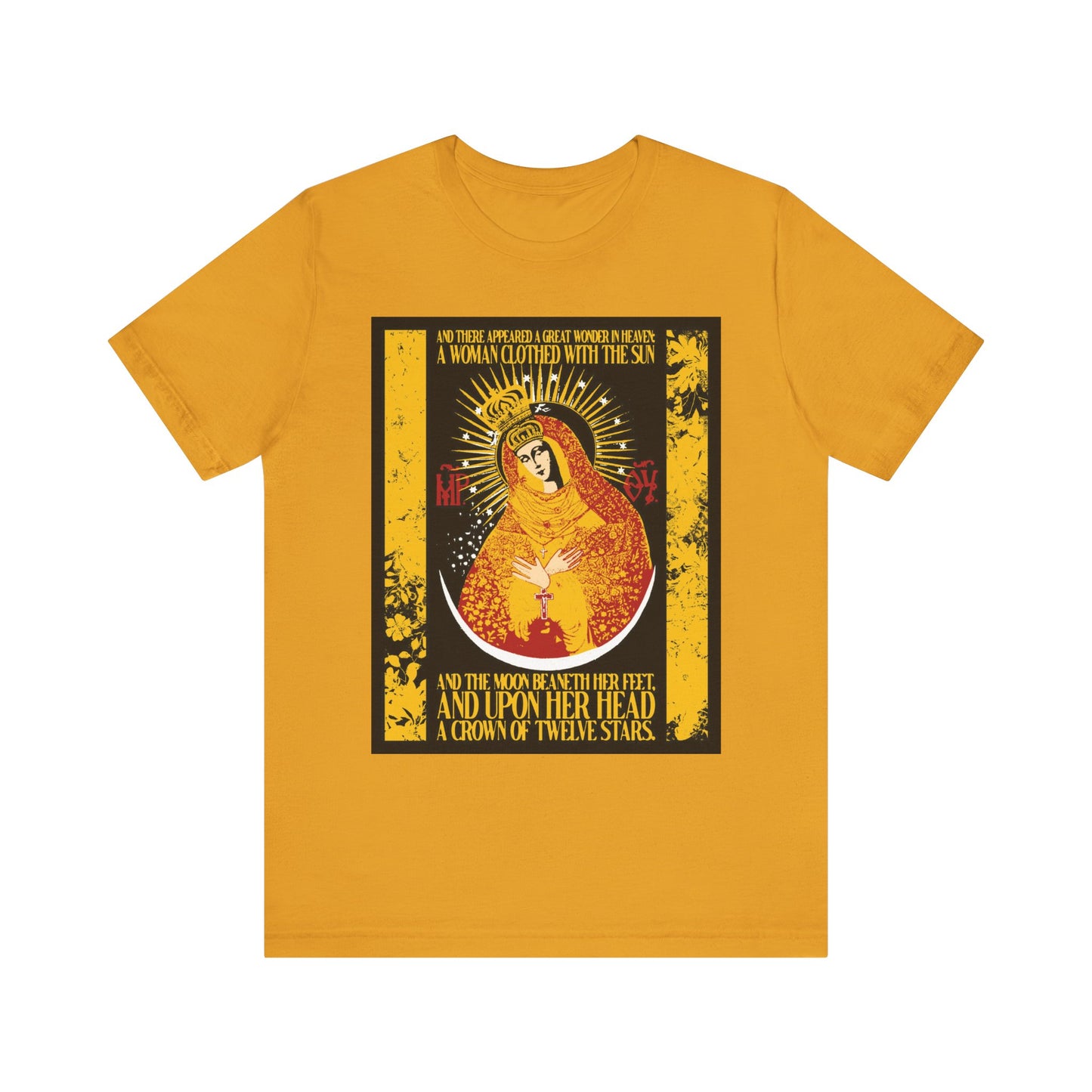 Mustard "Our Lady the Gate of Dawn" T-shirt with gold floral Theotokos design and Revelation 12:1 text; lightweight cotton, unisex fit.