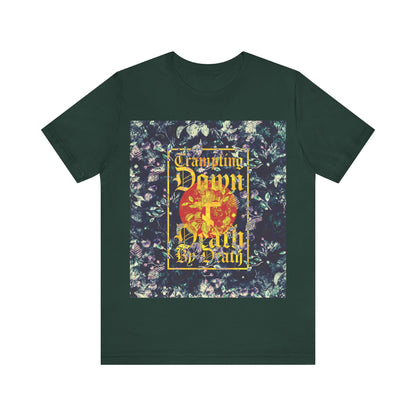 Trampling Down Death By Death | Paschal Floral Design with Gothic Script and Three-Bar Cross | Orthodox Christian T-Shirt