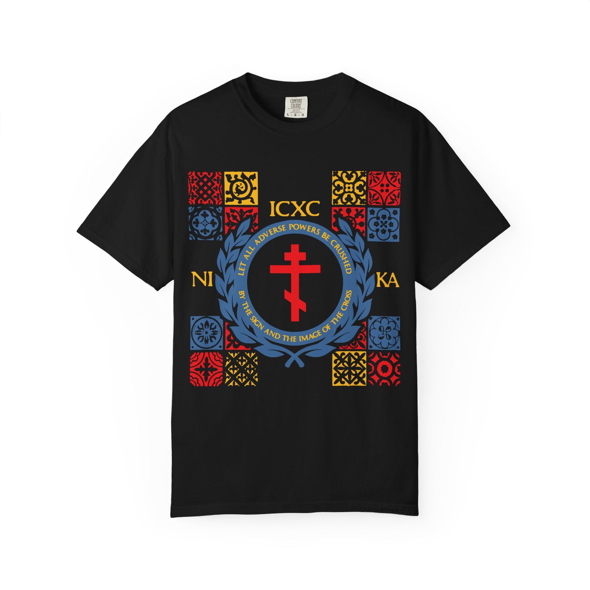Let All Adverse Powers Be Crushed heavyweight black cotton unisex t-shirt featuring a vibrant red, yellow, and blue medieval tile design with the prominent ICXC NIKA cross symbol and English-Greek religious text inspired by Katavasia hymns on the front.