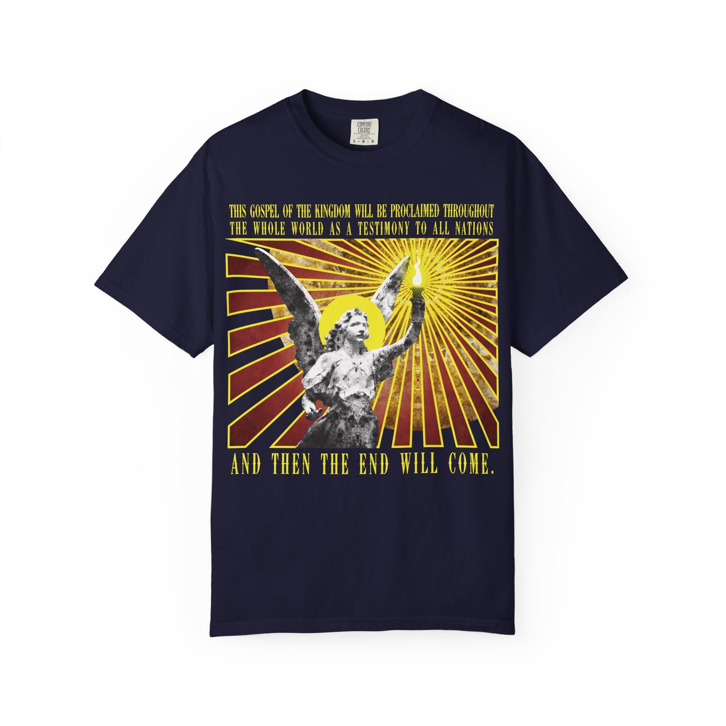 True Navy unisex heavyweight cotton t-shirt featuring a cemetery angel holding a lamp emitting radiant rays, inspired by Matthew 24:14: “And then the end will come”—highlighting Christian themes of tribulation and warnings against false prophets.