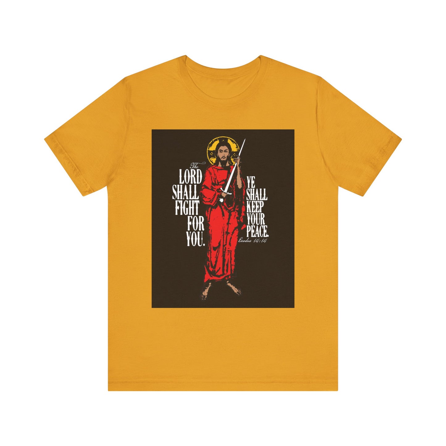 The Lord Shall Fight For You (Exodus 14:14) lightweight mustard tee features Jesus with a sword and the inspiring message, "The Lord shall fight for you," highlighting faith in God’s salvation.