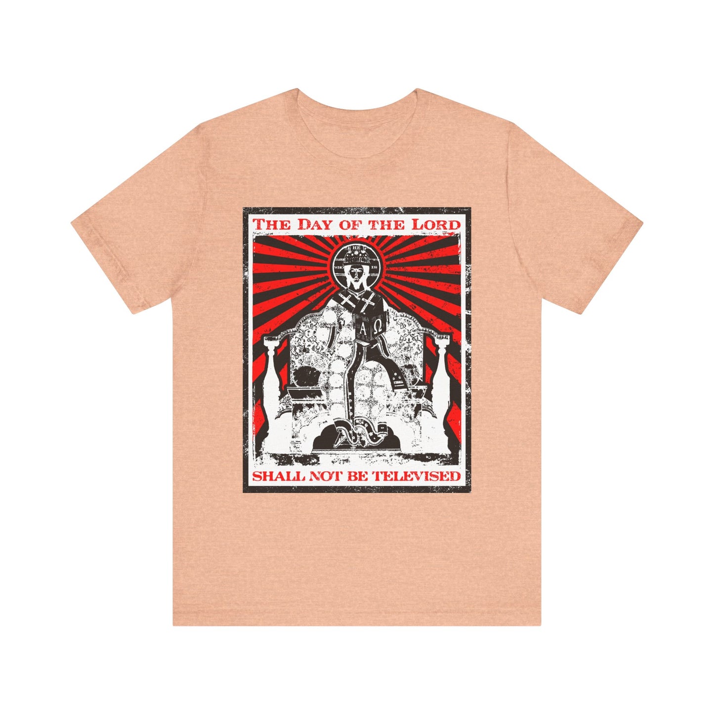 Heather Peach lightweight unisex cotton tee featuring bold graphic art and the phrase: “The Day of the Lord Shall Not Be Televised,” inspired by Jesus Christ, Christian iconography, and biblical themes from Revelation.