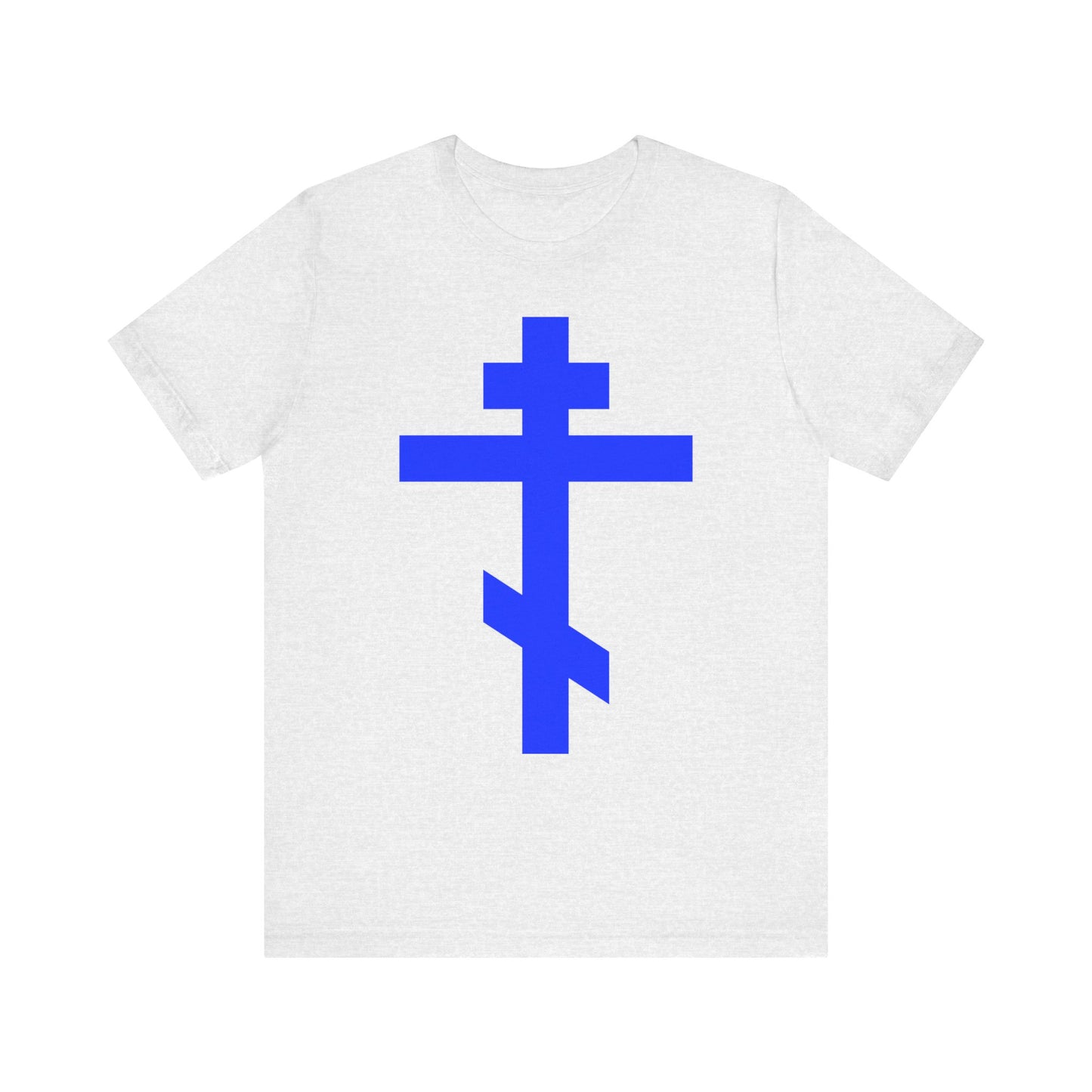 Ash t-shirt featuring a large royal blue Orthodox tribar cross design on the front, with “Preserve Thy People By Thy Cross, O Lord” and “Christ is King”—symbolizing the Lord’s gift of salvation.