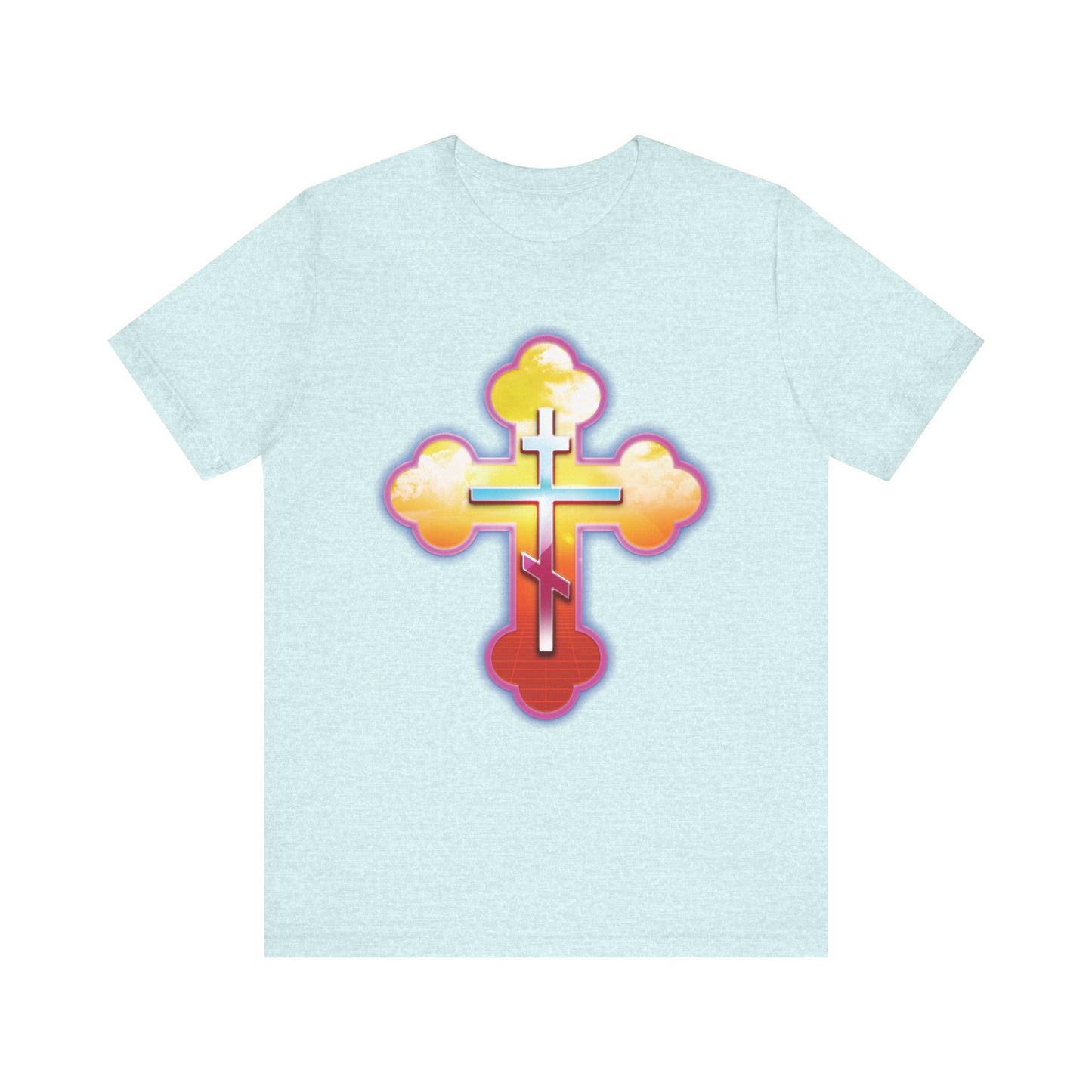 80s Synthwave Retrowave Outrun Aesthetic | Glowing & Reflective Gold & Red Three-Bar Cross | Lightweight Cotton Unisex Tee