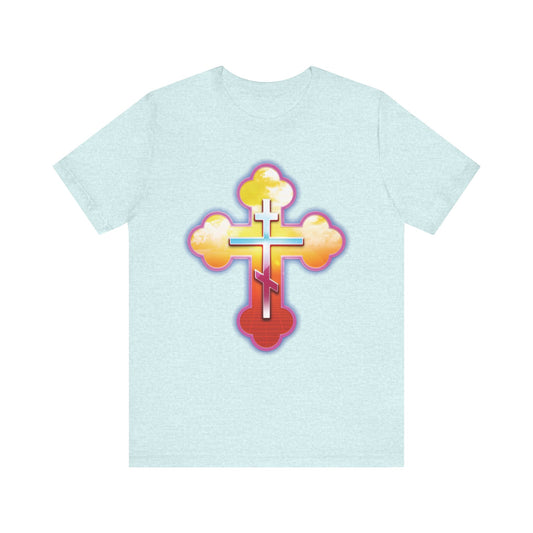 80s Synthwave Retrowave Outrun Aesthetic | Glowing & Reflective Gold & Red Three-Bar Cross | Lightweight Cotton Unisex Tee