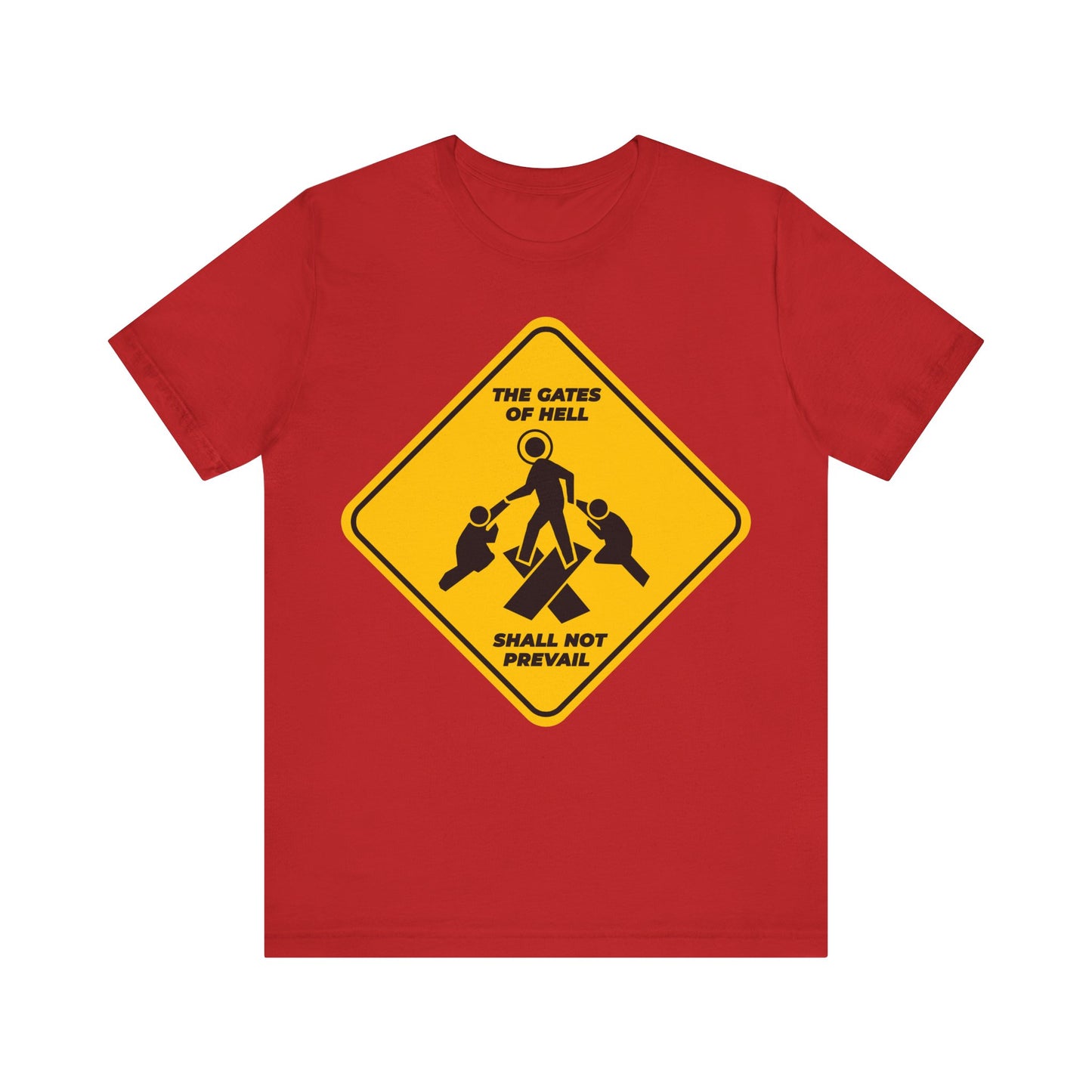 Gates of Hell Shall Not Prevail | Yellow Street Sign Minimalist Pascha Icon | Trampling Down Death By Death | Lightweight Cotton Unisex Tee