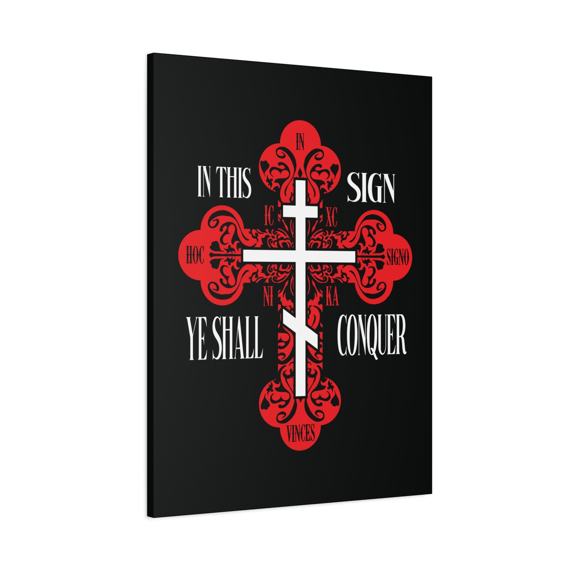 A bold Christian wall art featuring a red ornate Orthodox cross and the words “In This Sign Ye Shall Conquer”—a symbol of Orthodox faith and spiritual victory: ICXC NIKA, In Hoc Signo Vinces, Jesus Christ Conquers.